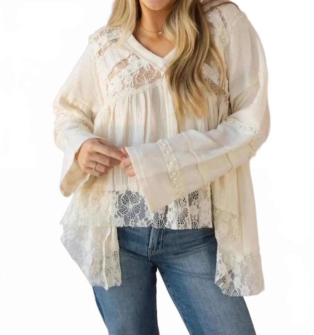 NEW POL perry lace studded v neck top in natural